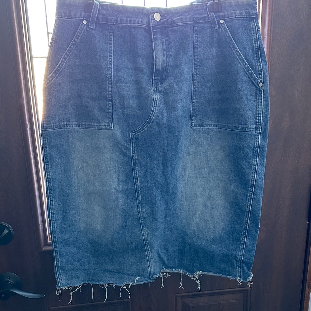 Blue Denim Skirt with Frayed Hem